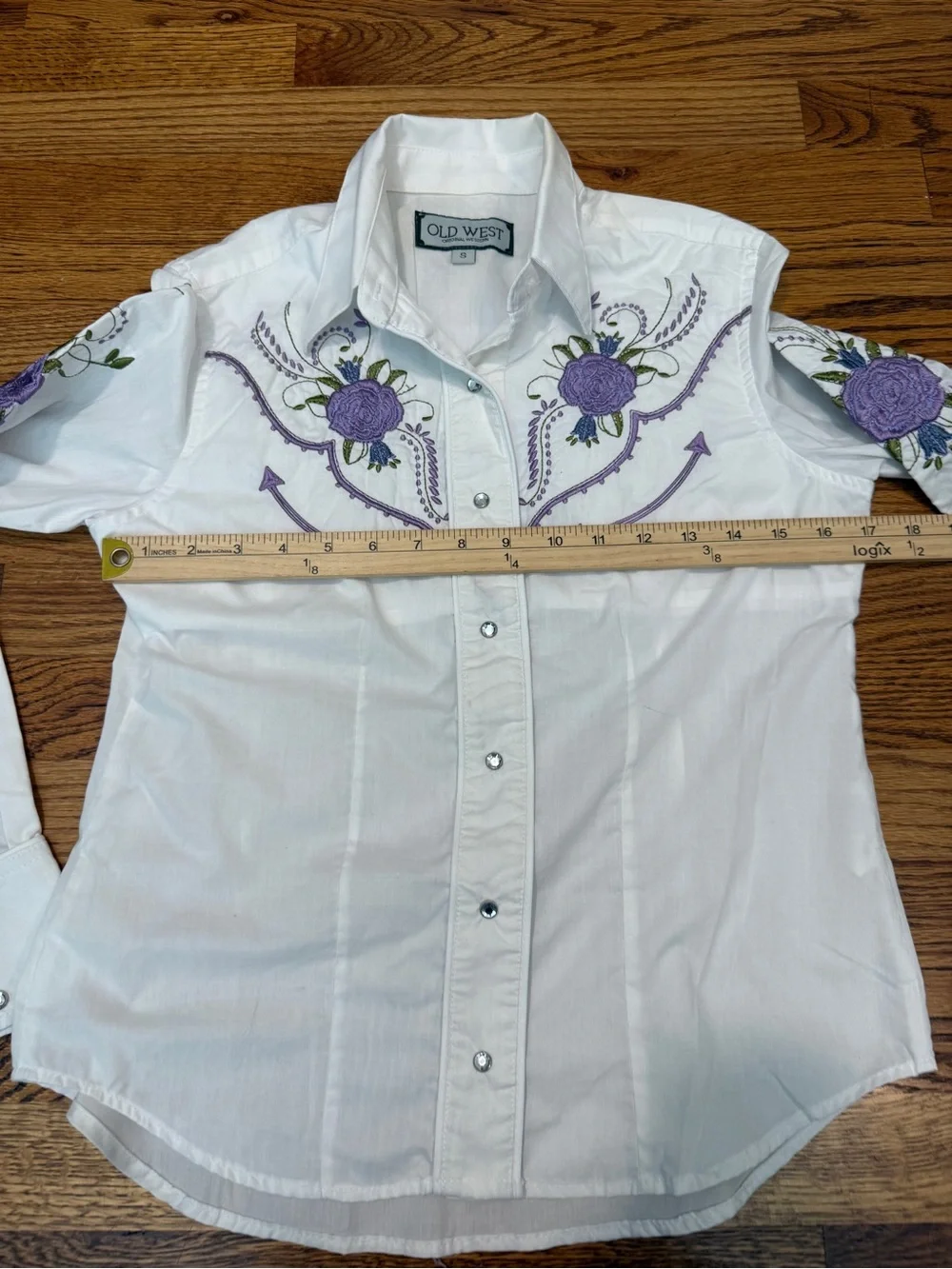 VTG Style Cowgirl Pearl Snap Western Shirt Purple Floral Embroidery Sz S
